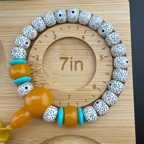 Handmade Beaded Bracelet With Yellow White & Turquoise Spotted Beads Elastic Str - Picture 6 of 6